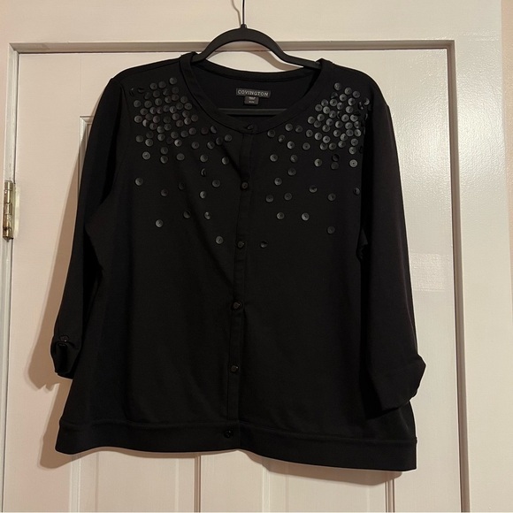 Covington Sweaters - #107 COVINGTON FAUX LEATHER EMBELLISHED CARDIGAN XL